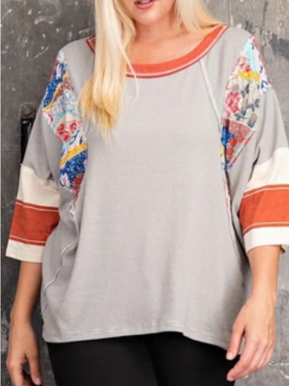 Boho Patchwork Top Striped Floral Sleeves NWT Boutique Womens size 1X